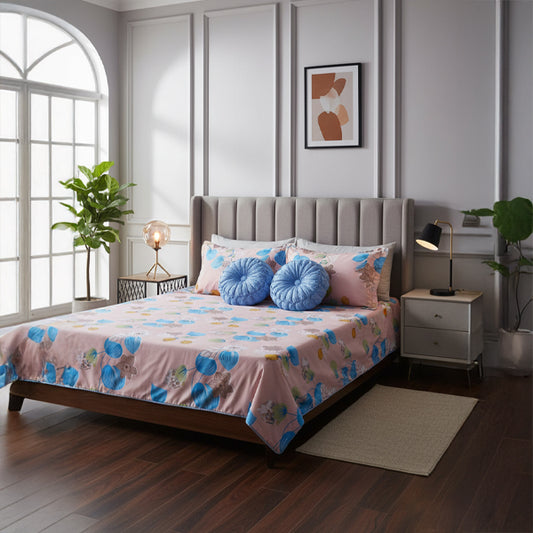 Blush Bloom Cotton Bedsheet 5pc Set with Blue Cushion Covers