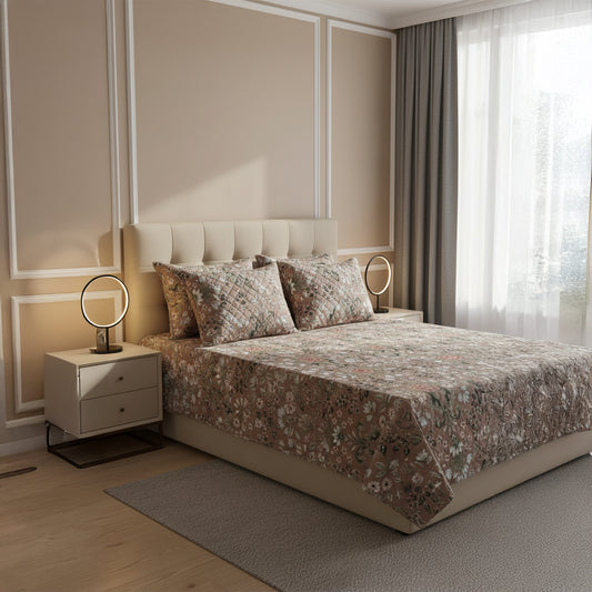 Mocha Bloom Quilted Cotton Bedsheet Set