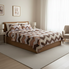 Premium Cotton Geometric Comforter Set | Full Size Comforter with Queen Size Bedsheet & 2 Pillow Covers | Brown, Mauve & Off-White