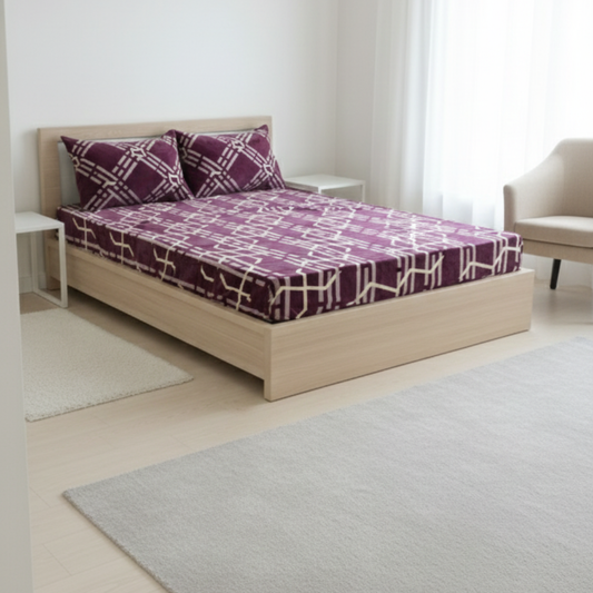 Luxury Velvet Winter Elastic Bedsheet Set – Purple with White Geometric Print