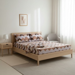 Premium Cotton Geometric Comforter Set | Full Size Comforter with Queen Size Bedsheet & 2 Pillow Covers | Brown, Mauve & Off-White