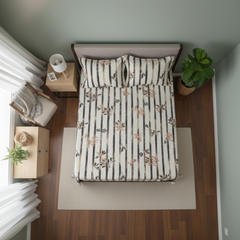 Premium Velvet Winter Bedsheet Set – Cream Striped Design with Floral Accents