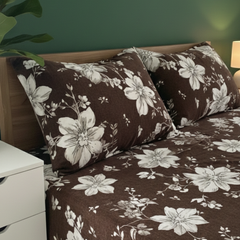 Coffee Brown Floral Velvet Bedsheet Set with 2 Pillow Covers – Super Soft Winter Bedding (Queen Size)