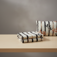 Premium Velvet Winter Bedsheet Set – Cream Striped Design with Floral Accents