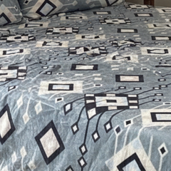 Dusty Blue Geometric Print (Winter Collection) - Luxury Velvet Queen Size Bedsheet Set with 2 Pillow Covers