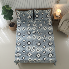 Dusty Blue Geometric Print (Winter Collection) - Luxury Velvet Queen Size Bedsheet Set with 2 Pillow Covers