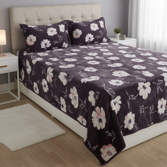 Premium Eggplant Purple Floral Velvet Bedsheet Set for Double Bed
