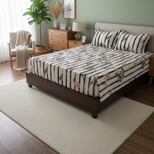 Premium Velvet Winter Bedsheet Set – Cream Striped Design with Floral Accents