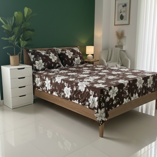 Coffee Brown Floral Velvet Bedsheet Set with 2 Pillow Covers – Super Soft Winter Bedding (Queen Size)