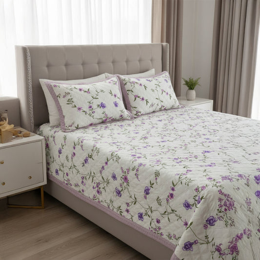 Pure Cotton Floral Quilted Bed Cover Set – White with Purple & Pink Flowers
