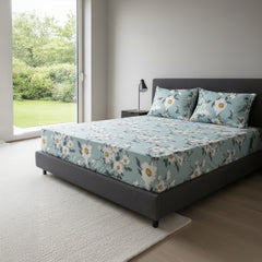 Serene Bloom Pale Blue Elastic Cotton Bedsheet Set