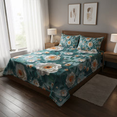 Emerald Bloom Teal Cotton Bedsheet Set with Pillow Covers