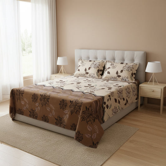 Sandy Beige & Brown Floral Print Bedsheet Set