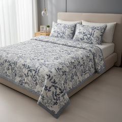 Dusty Blue Botanical Pure Cotton Quilted Bed Cover Set