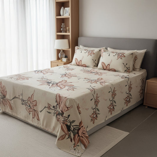 Luxury Glace Cotton Queen Size Bedsheet Set – Cream Floral Printed Design