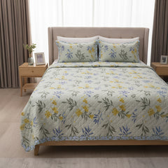 Light Green Floral Pure Cotton Quilted Bed Cover Set