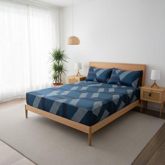 Urban Geo Peacock Blue Elastic Cotton Bedsheet Set