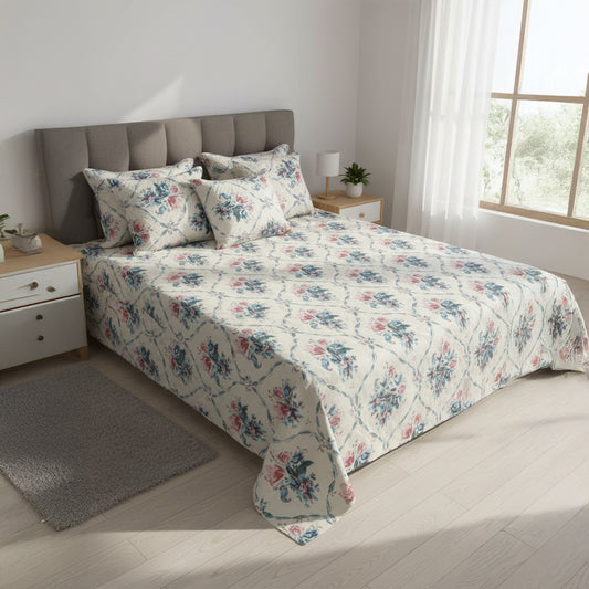 Blush Haven Floral Cotton Bedsheet Set with Cushion Covers