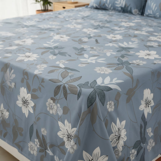 JivaCasa Premium Dusty Blue Floral Cotton Bedsheet Set