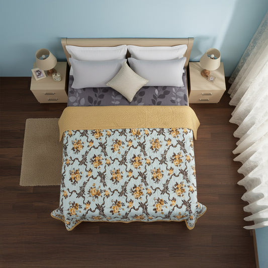 Amber Bloom Reversible Comforter – Pale Blue & Mustard Floral Elegance