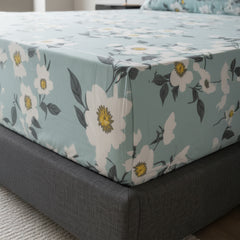Serene Bloom Pale Blue Elastic Cotton Bedsheet Set