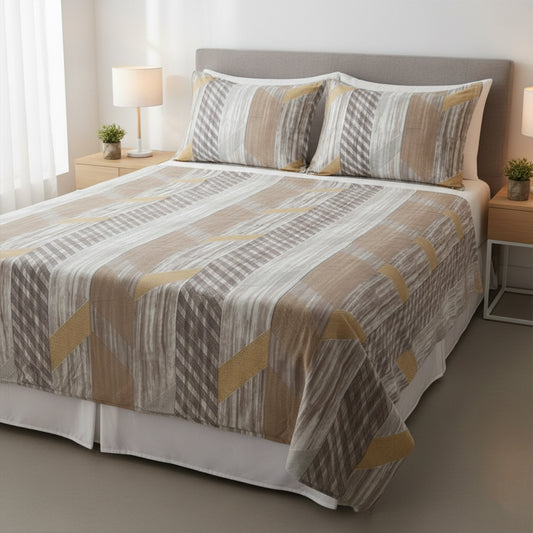 Premium Cotton Geometric Pattern Bedsheet Set – Shades of Brown, Grey & Beige
