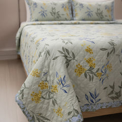 Light Green Floral Pure Cotton Quilted Bed Cover Set