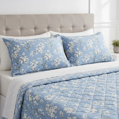 Powder Blue Floral Quilted Pure Cotton Bed Cover Set