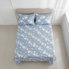 Pure Cotton Light Blue Daisy Quilted Bed Cover Set