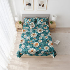 Emerald Bloom Teal Cotton Bedsheet Set with Pillow Covers