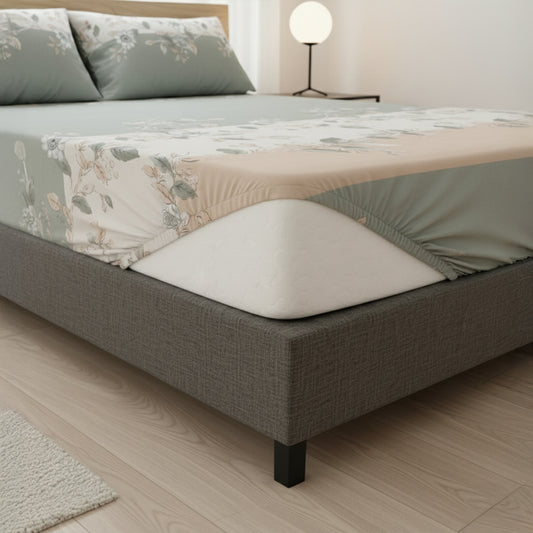 Pastel Bloom Cream & Sage Floral Elastic Cotton Bedsheet Set