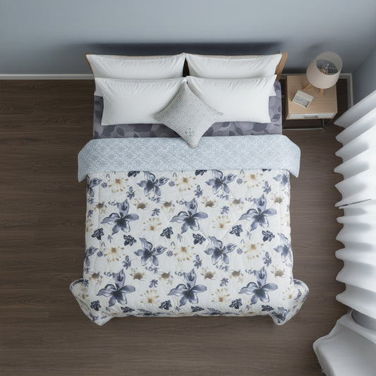 Midnight Bloom Reversible Comforter – Blue Floral Elegance