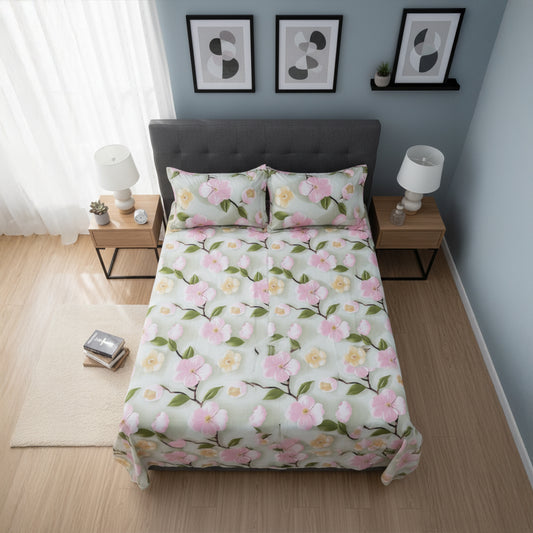 Spring Blossom Light Green Cotton Bedsheet Set with Pillow Covers