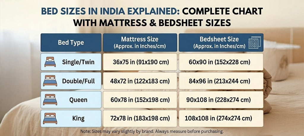 Bed Sizes in India Explained: Complete Chart With Mattress & Bedsheet Sizes