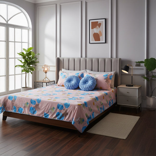 Blush Bloom Cotton Bedsheet 5pc Set with Blue Cushion Covers