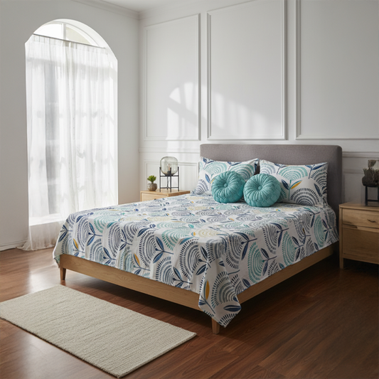 Azure Wave Cotton Bedsheet 5pc Set with Cushions & Covers