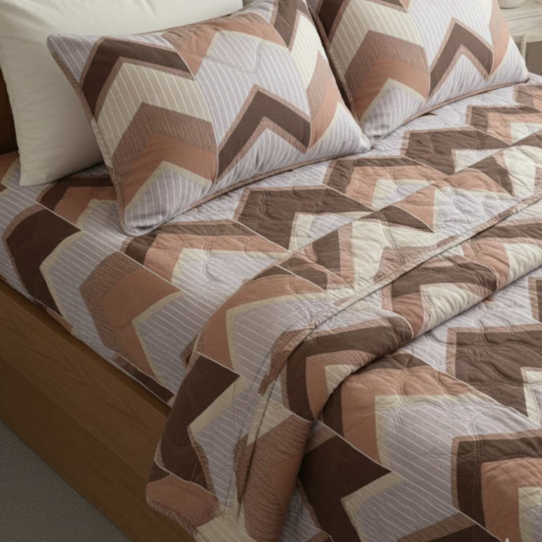 Premium Cotton Geometric Comforter Set | Full Size Comforter with Queen Size Bedsheet & 2 Pillow Covers | Brown, Mauve & Off-White