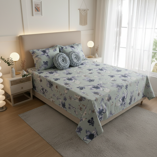 Jivacasa Sage Floral 5pc Double Bed Bedding Set with Designer Cushions