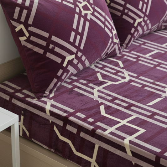 Luxury Velvet Winter Elastic Bedsheet Set – Purple with White Geometric Print