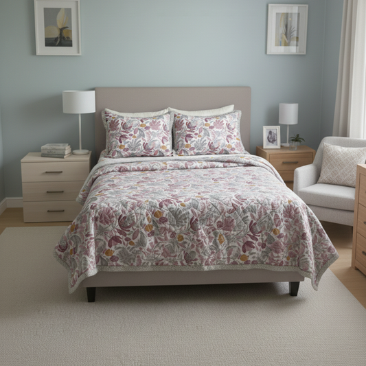 Premium Cotton Floral Comforter Set – White Base with Pink Floral Print