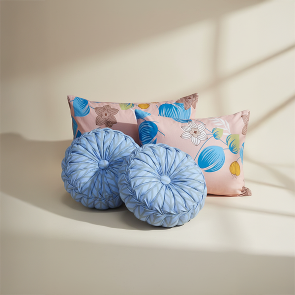 Blush Bloom Cotton Bedsheet 5pc Set with Blue Cushion Covers