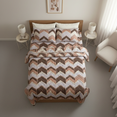 Premium Cotton Geometric Comforter Set | Full Size Comforter with Queen Size Bedsheet & 2 Pillow Covers | Brown, Mauve & Off-White