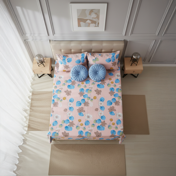 Blush Bloom Cotton Bedsheet 5pc Set with Blue Cushion Covers