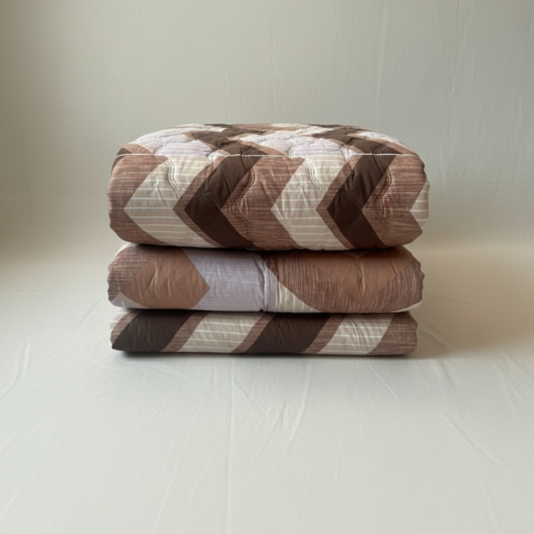 Premium Cotton Geometric Comforter Set | Full Size Comforter with Queen Size Bedsheet & 2 Pillow Covers | Brown, Mauve & Off-White