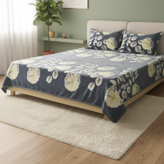 Premium Velvet Floral Double Bed Bedsheet Set with 2 Pillow Covers – Yellow & Greyish Blue
