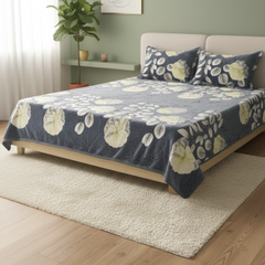 Premium Velvet Floral Double Bed Bedsheet Set with 2 Pillow Covers – Yellow & Greyish Blue