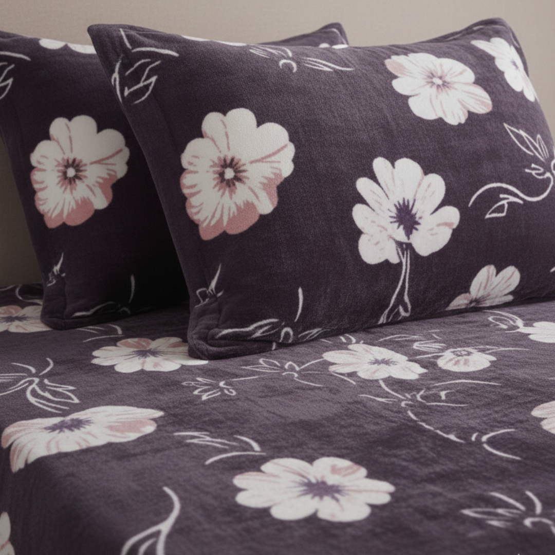 Premium Eggplant Purple Floral Velvet Bedsheet Set for Double Bed
