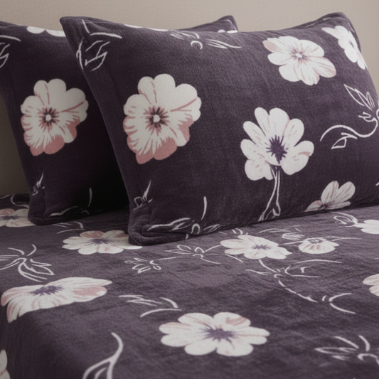 Premium Eggplant Purple Floral Velvet Bedsheet Set for Double Bed