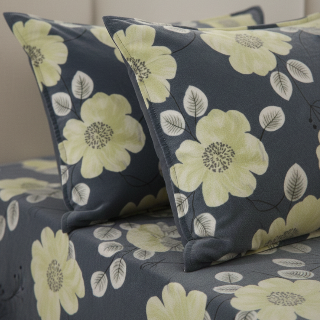 Premium Velvet Floral Double Bed Bedsheet Set with 2 Pillow Covers – Yellow & Greyish Blue