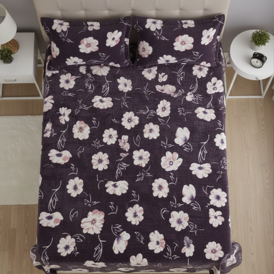 Premium Eggplant Purple Floral Velvet Bedsheet Set for Double Bed